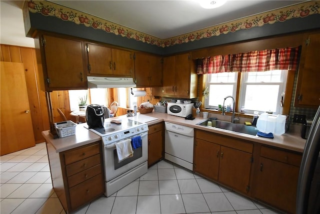 806 Mount Zoar St, Southport, NY 14904 - kitchen featuring white appliances, under cabinet range hood, a sink, light countertops, and a peninsula