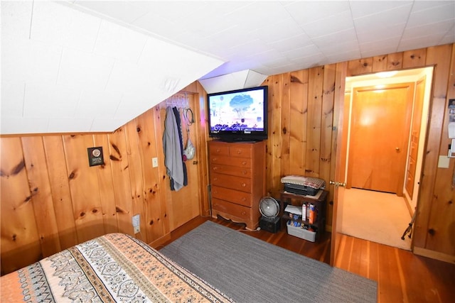 806 Mount Zoar St, Southport, NY 14904 - bedroom with wood finished floors, wood walls, and vaulted ceiling