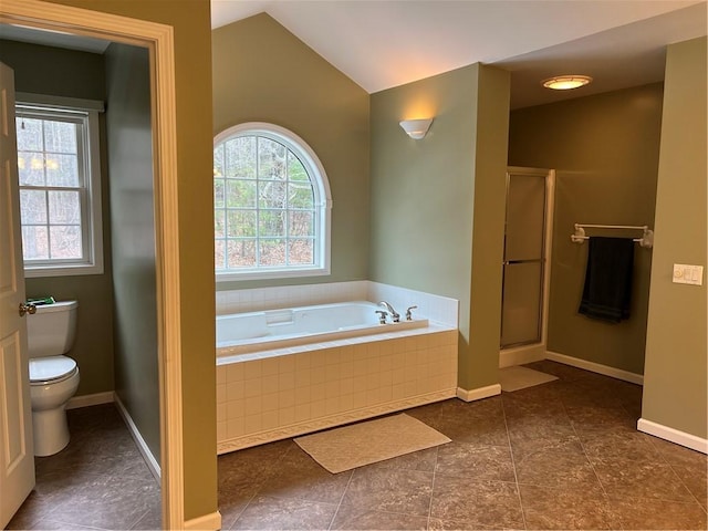 1098 Walker Hill Rd, Barton, NY 14892 - bathroom with healthy amount of natural light, toilet, a garden tub, a stall shower, and lofted ceiling