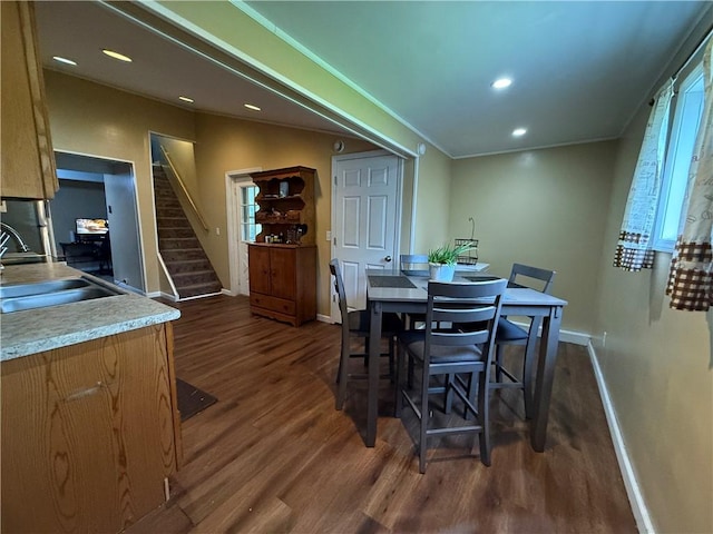 760 Spruce St, Southport, NY 14904 - dining space with baseboards, dark wood finished floors, stairway, and recessed lighting