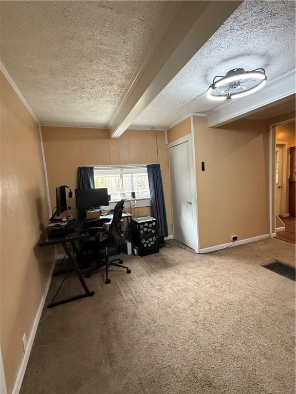 760 Spruce St, Southport, NY 14904 - carpeted office with a textured ceiling, ornamental molding, and baseboards