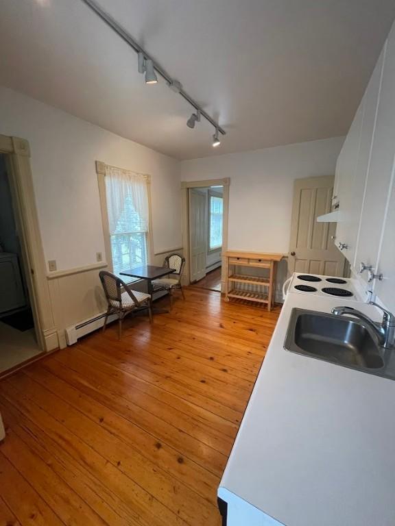 211 Main St, Delhi, NY 13753 - kitchen with a sink, rail lighting, light wood finished floors, under cabinet range hood, and light countertops