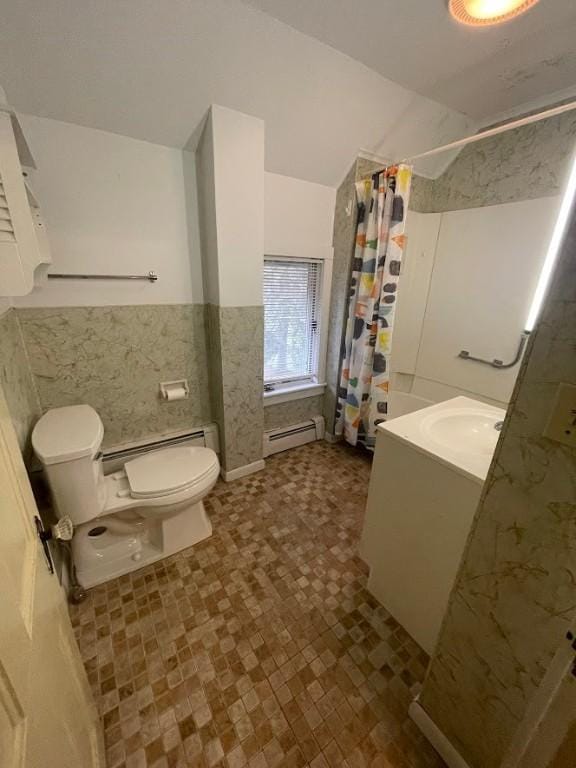 211 Main St, Delhi, NY 13753 - full bath featuring baseboard heating, a baseboard radiator, toilet, a shower with curtain, and vaulted ceiling
