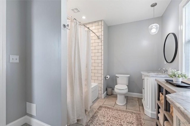 full bath featuring toilet, vanity, tile patterned floors, baseboards, and shower / tub combo with curtain