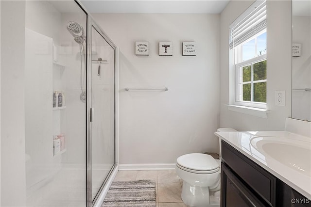 full bath featuring a stall shower, tile patterned floors, vanity, and toilet