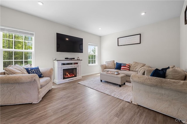 living area with wood finished floors, a lit fireplace, recessed lighting, and baseboards