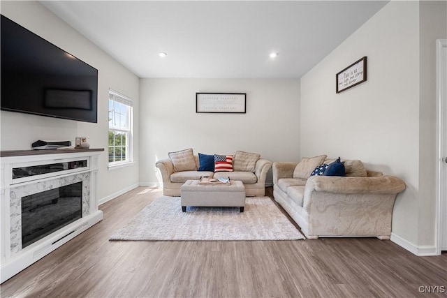 living room featuring wood finished floors, baseboards, a premium fireplace, and recessed lighting