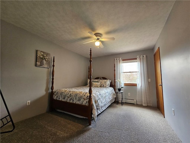 4862 Cross St, Campbell, NY 14821 - bedroom with carpet flooring, a baseboard heating unit, a ceiling fan, and a textured ceiling