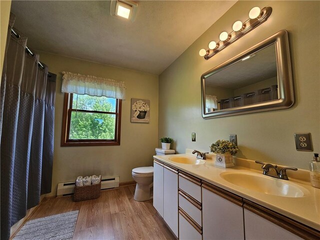 4862 Cross St, Campbell, NY 14821 - bathroom featuring wood finished floors, baseboard heating, toilet, a baseboard heating unit, and double vanity