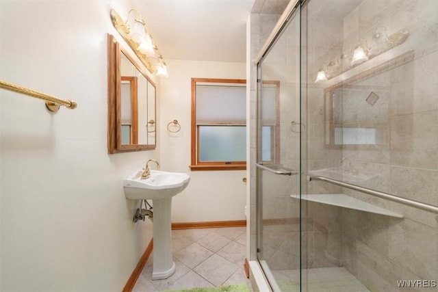 9910 Shorecliff Rd, Evans, NY 14006 - full bath featuring a shower stall, baseboards, a sink, tile patterned flooring, and toilet