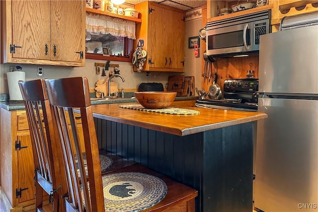 123 Mohawk Dr W, Webb, NY 13420 - kitchen featuring appliances with stainless steel finishes, open shelves, wooden counters, and a sink