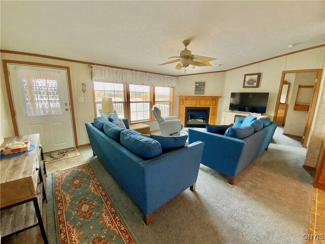 2570 Humphrey Rd, Cape Vincent, NY 13618 - living area with a ceiling fan, ornamental molding, a fireplace, and light colored carpet