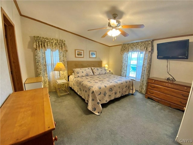 2570 Humphrey Rd, Cape Vincent, NY 13618 - carpeted bedroom featuring vaulted ceiling, crown molding, and a ceiling fan