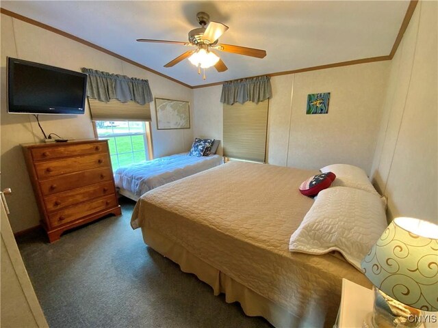 2570 Humphrey Rd, Cape Vincent, NY 13618 - carpeted bedroom with lofted ceiling, crown molding, and ceiling fan