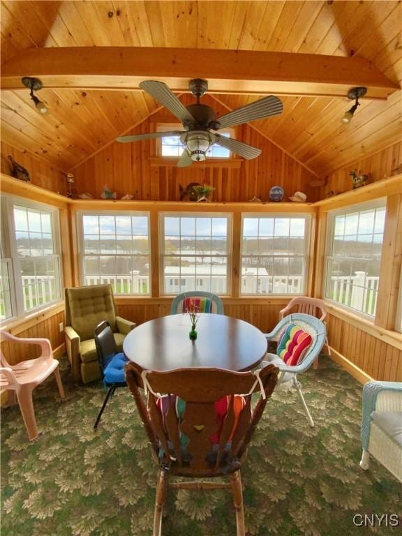 2570 Humphrey Rd, Cape Vincent, NY 13618 - carpeted dining space with wood walls, wooden ceiling, and ceiling fan
