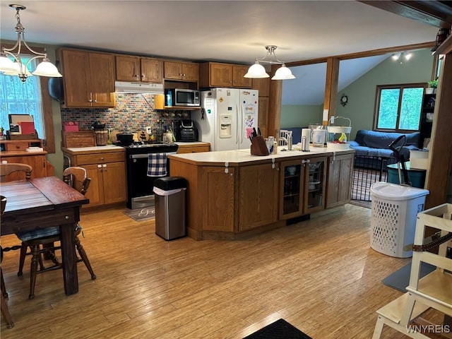 158 E Main St, Concord, NY 14141 - kitchen with appliances with stainless steel finishes, under cabinet range hood, light countertops, light wood-type flooring, and lofted ceiling