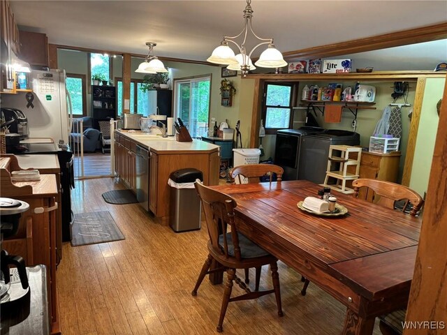 158 E Main St, Concord, NY 14141 - dining space with washing machine and clothes dryer, ornamental molding, light wood-style flooring, and a chandelier