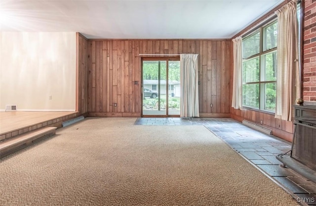 115 Stafford Dr, Rutland, NY 13612 - empty room featuring baseboards, wood walls, carpet, and a baseboard heating unit