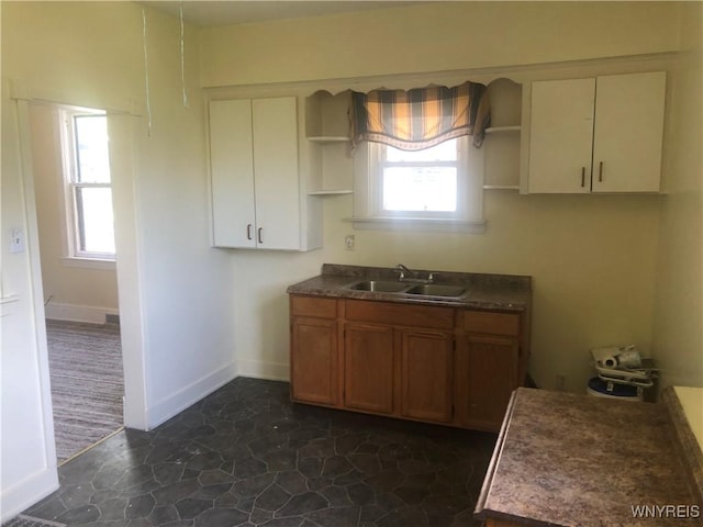 515 9th St, Niagara Falls, NY 14301 - kitchen with open shelves, a sink, brown cabinetry, and dark countertops