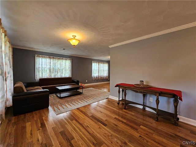 5813 Grace Rd, Deerfield, NY 13502 - living area featuring ornamental molding, wood finished floors, and baseboards