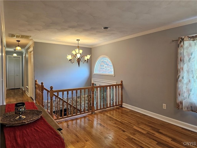 5813 Grace Rd, Deerfield, NY 13502 - corridor with an upstairs landing, a chandelier, wood finished floors, baseboards, and ornamental molding