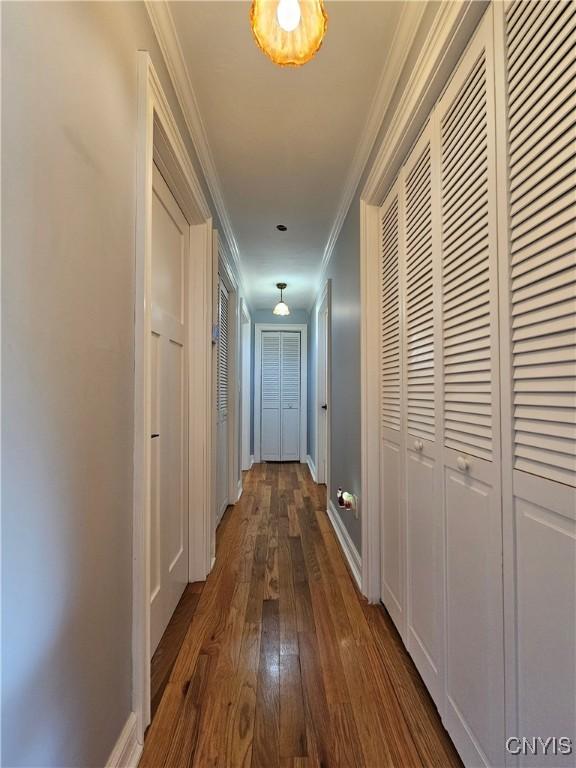 5813 Grace Rd, Deerfield, NY 13502 - hall featuring dark wood-type flooring, ornamental molding, and baseboards