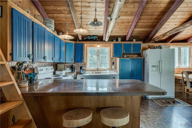 1 Haloah, Hammond, NY 13646 - kitchen with white appliances, blue cabinets, wood ceiling, a peninsula, and a sink