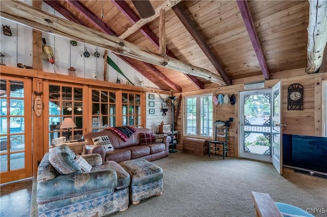 1 Haloah, Hammond, NY 13646 - carpeted living area with wood ceiling and wooden walls