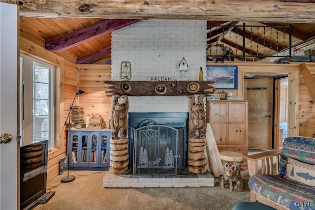 1 Haloah, Hammond, NY 13646 - carpeted living room featuring wood ceiling, wood walls, and a brick fireplace