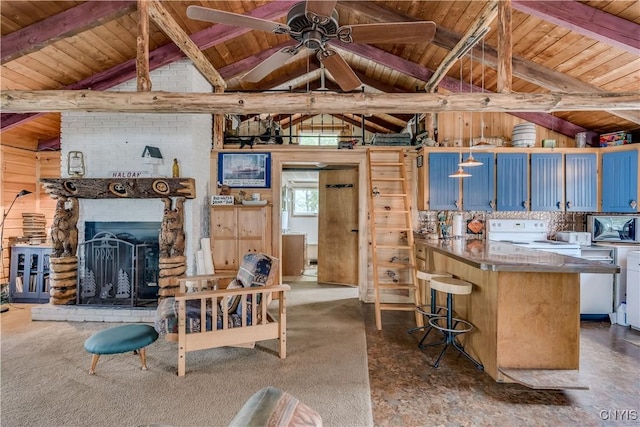 1 Haloah, Hammond, NY 13646 - kitchen with wood ceiling, white range with electric cooktop, a breakfast bar area, a ceiling fan, and a peninsula