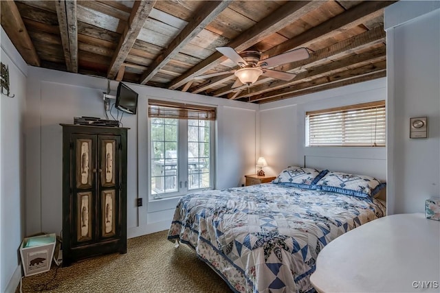 1 Haloah, Hammond, NY 13646 - carpeted bedroom featuring wood ceiling, beamed ceiling, and ceiling fan