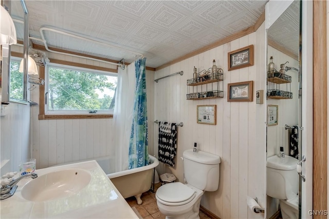1 Haloah, Hammond, NY 13646 - bathroom featuring toilet, wooden walls, an ornate ceiling, a sink, and tile patterned floors