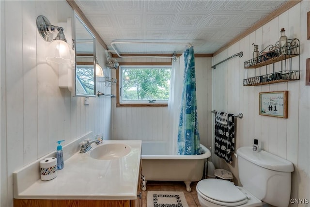 1 Haloah, Hammond, NY 13646 - bathroom with toilet, an ornate ceiling, wooden walls, and vanity