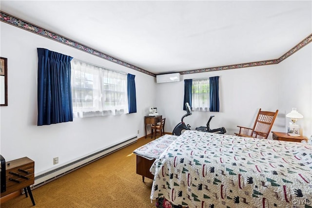carpeted bedroom featuring a baseboard heating unit and an AC wall unit