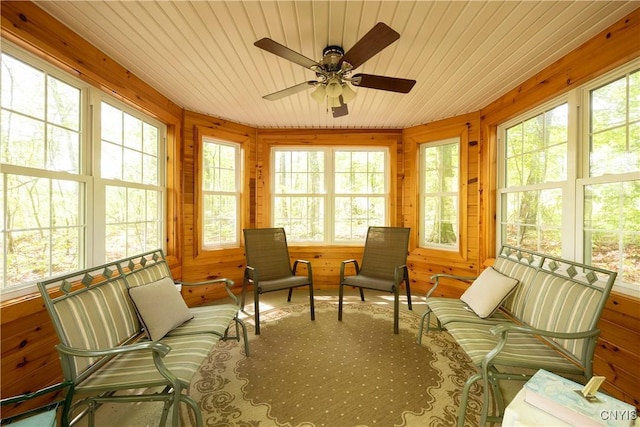 sunroom with wooden walls and wood ceiling