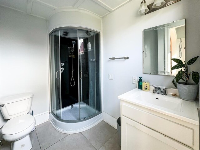 442 Front St, Owego, NY 13827 - full bathroom with a shower stall, tile patterned flooring, toilet, vanity, and baseboards