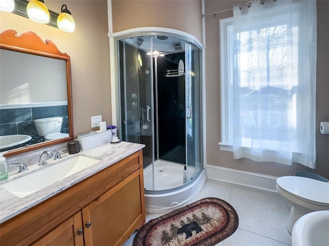 442 Front St, Owego, NY 13827 - bathroom with toilet, tile patterned floors, a shower stall, a bidet, and vanity