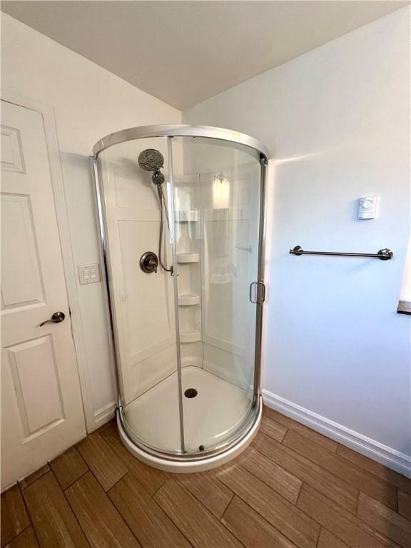 808 Center St, Horseheads, NY 14845 - bathroom with wood tiled floors and a shower stall
