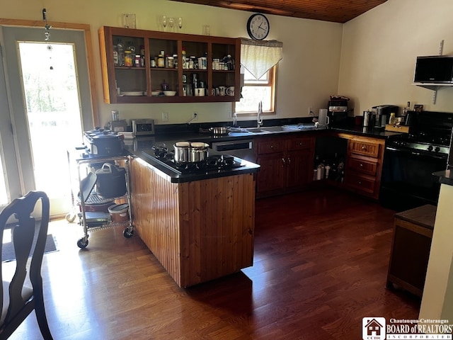 11604 York Rd, Hanover, NY 14136 - kitchen featuring black appliances, dark countertops, and dark wood-style flooring