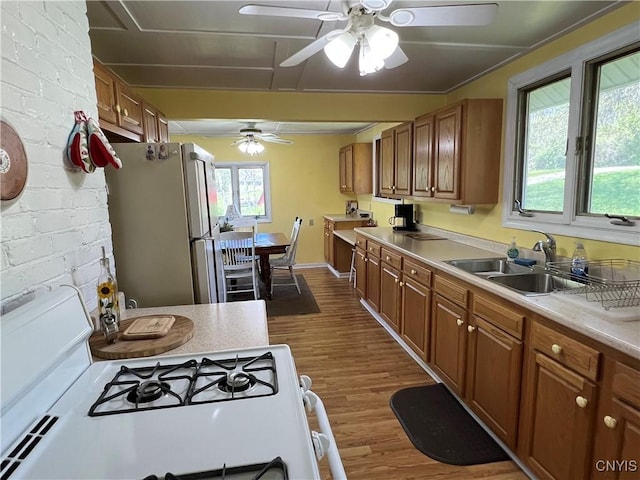 kitchen with white appliances, a sink, ceiling fan, dark wood-style floors, and brown cabinets