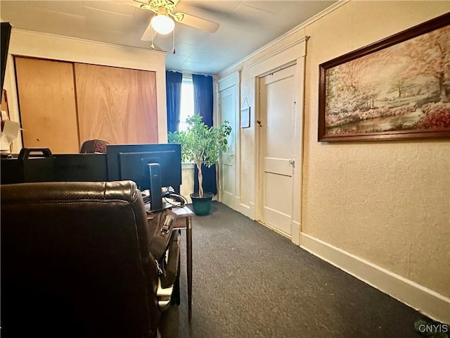 436 Mcgowan Rd, Frankfort, NY 13357 - home office with dark carpet, ceiling fan, baseboards, and a textured wall