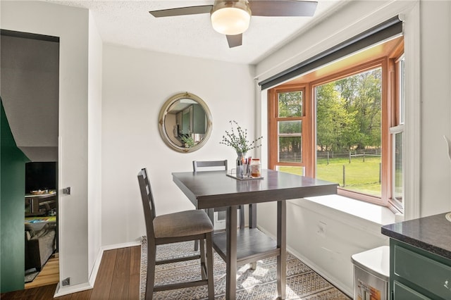 5904 Merrill Rd, Byron, NY 14422 - dining area with wood finished floors, a ceiling fan, baseboards, and a textured ceiling
