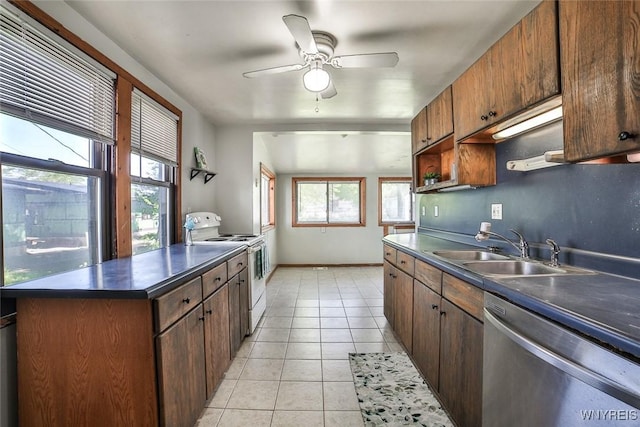 96 Winspear Ave, Buffalo, NY 14214 - kitchen featuring electric range, stainless steel dishwasher, dark countertops, a sink, and plenty of natural light