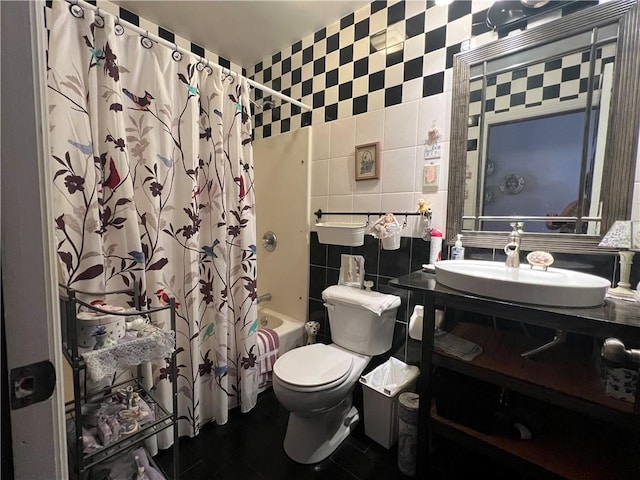 427 Church St, Winfield, NY 13491 - full bath featuring tile walls, shower / bathtub combination with curtain, toilet, and vanity