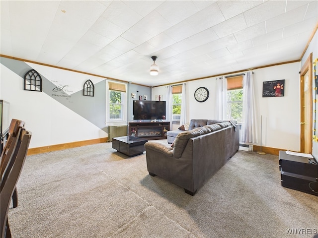 1847 Tuscarora Rd, Niagara, NY 14304 - living room featuring baseboards, carpet flooring, ornamental molding, baseboard heating, and radiator heating unit
