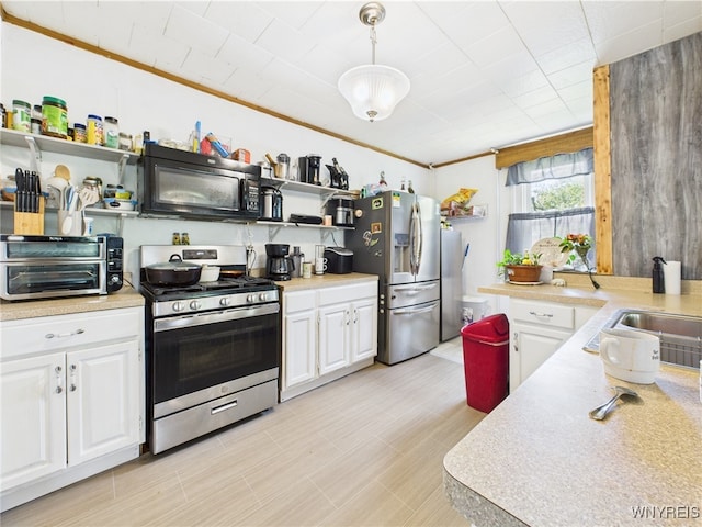 1847 Tuscarora Rd, Niagara, NY 14304 - kitchen with appliances with stainless steel finishes, open shelves, light countertops, white cabinets, and crown molding