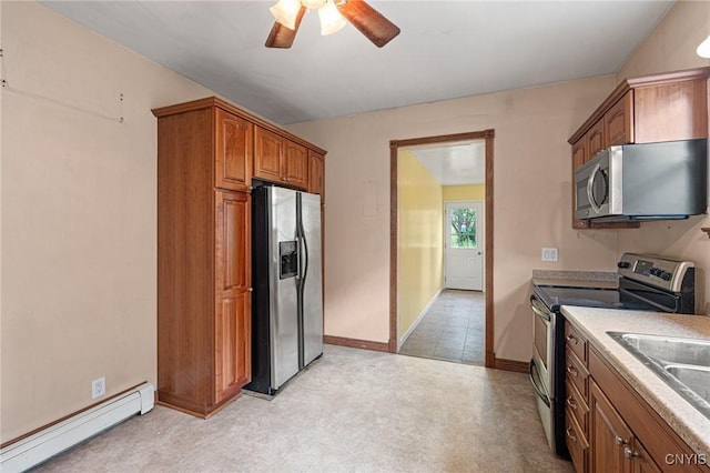 8 Washington St, Alexandria, NY 13607 - kitchen with appliances with stainless steel finishes, baseboard heating, a ceiling fan, brown cabinets, and baseboards