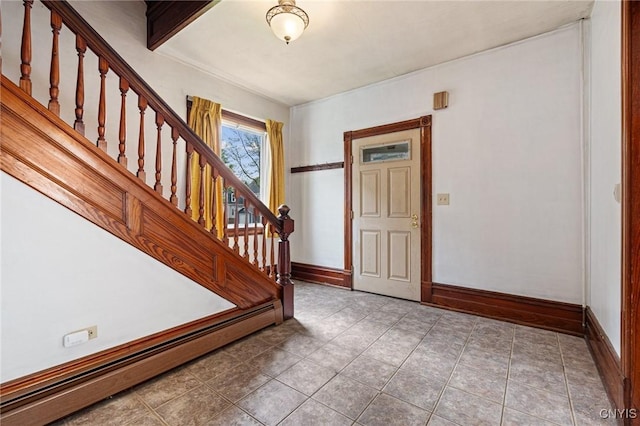 8 Washington St, Alexandria, NY 13607 - entryway with stairway, baseboards, a baseboard radiator, and tile patterned floors