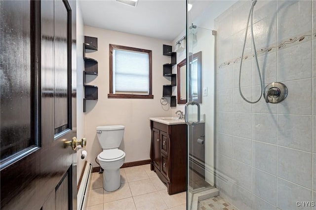 8 Washington St, Alexandria, NY 13607 - full bathroom featuring a stall shower, baseboard heating, vanity, and tile patterned flooring