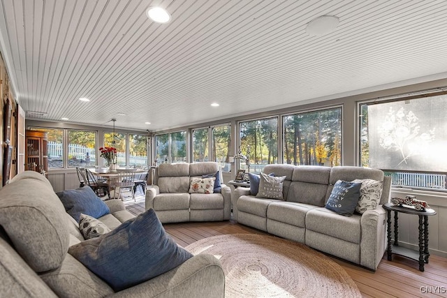 3721 Cold Springs Rd, Lysander, NY 13027 - sunroom with wood-type flooring, recessed lighting, and wooden ceiling